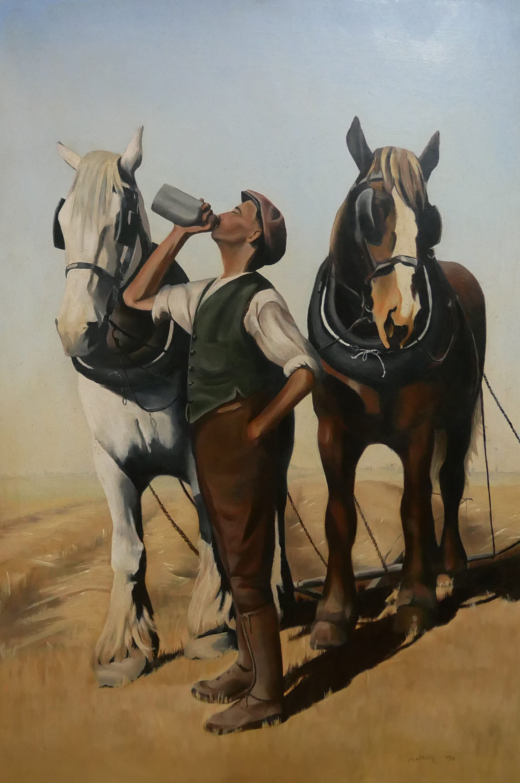 A.B. WHITMORE, A LATE 20TH CENTURY OIL ON ARTIST BOARD Equestrian study, titled 'And Now to Plough',