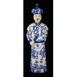 A CHINESE BLUE AND WHITE PORCELAIN EMPEROR FIGURE Standing pose wearing a robe with opposing dragons