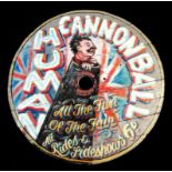HUMAN CANNONBALL, A PAINTED FAIRGROUND ROUNDEL. (diameter 92cm)