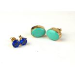 A PAIR OF 9ct GOLD AND TURQUOISE OVAL EARRINGS Together with a pair of 14ct gold earrings set with