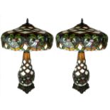 A PAIR OF LARGE TIFFANY STYLE LEADED GLASS TABLE LAMPS In 'Sunset' pattern, with various leaf design