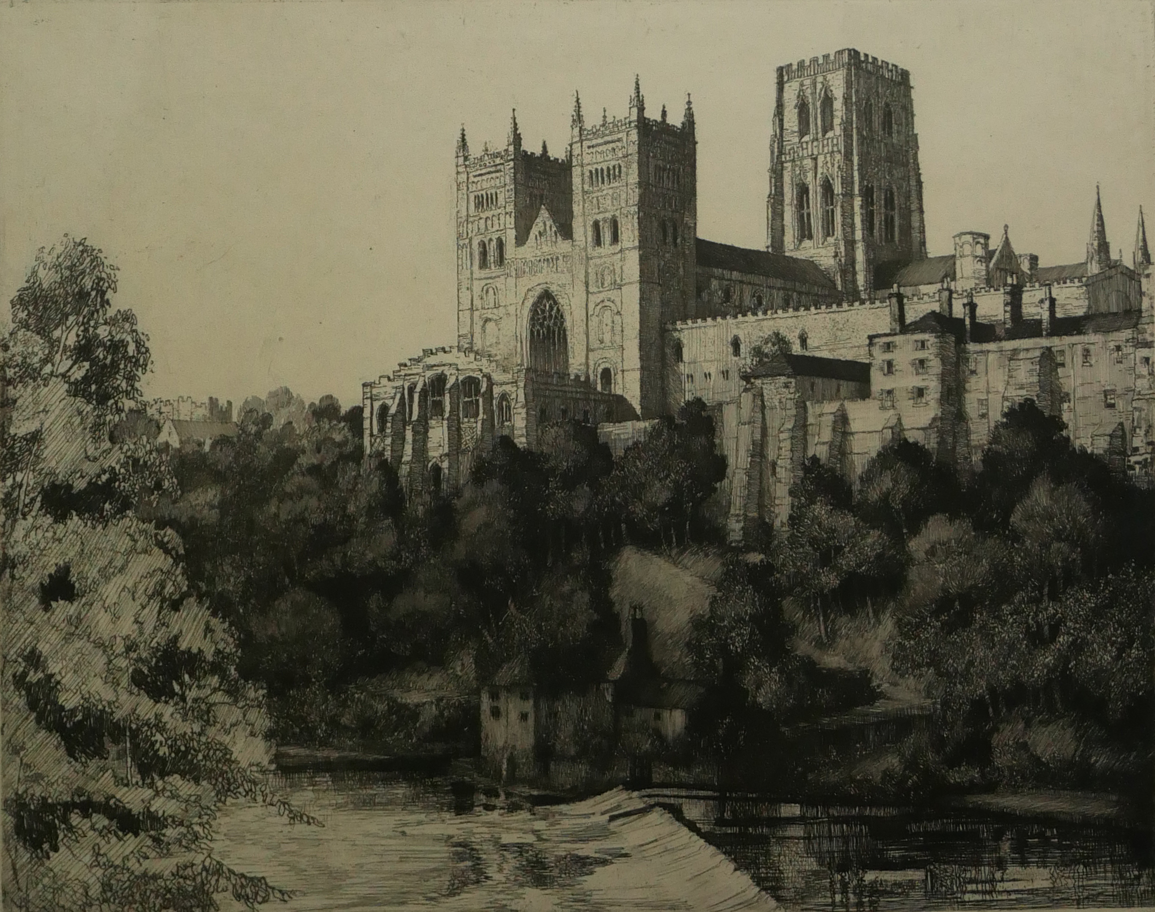 MARGARET RUDGE, 1885 - 1972, A BLACK AND WHITE ARCHITECTURAL ENGRAVING View of Durham Cathedral