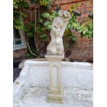 A 19TH CENTURY MARBLE STATUE, SAINTLY FIGURE WITH CHILD On a tapering pedestal. (25cm x 25cm x