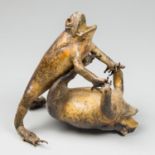 A LATE 19TH CENTURY PAIR OF TAXIDERMY WHIMSICAL TOADS (h 16.5cm x w 17cm x d 15cm)