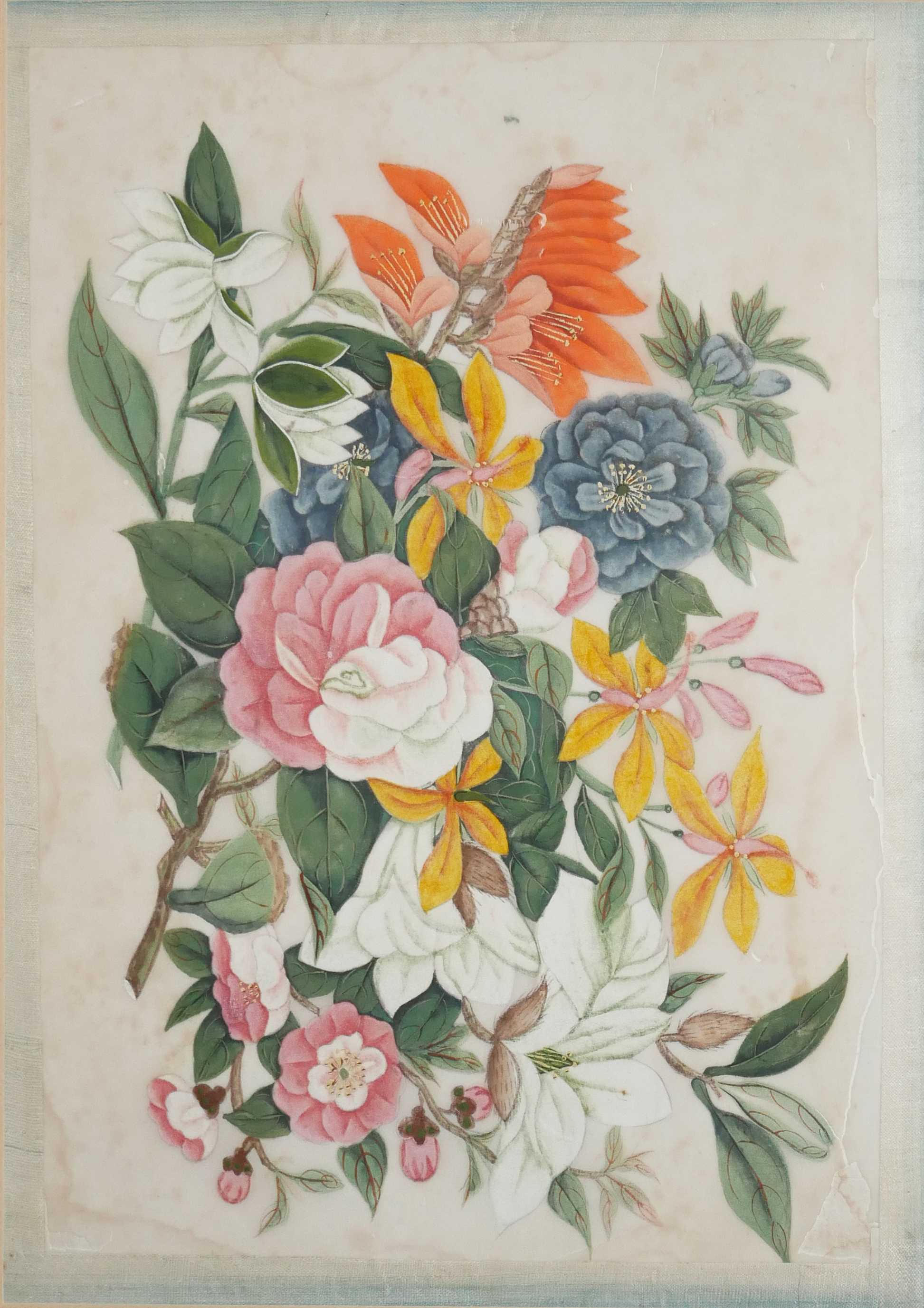 A SET OF FOUR 19TH CENTURY CHINESE RICE PAPER PAINTINGS, STILL LIFE, FLOWERS Mounted, framed and - Image 3 of 4