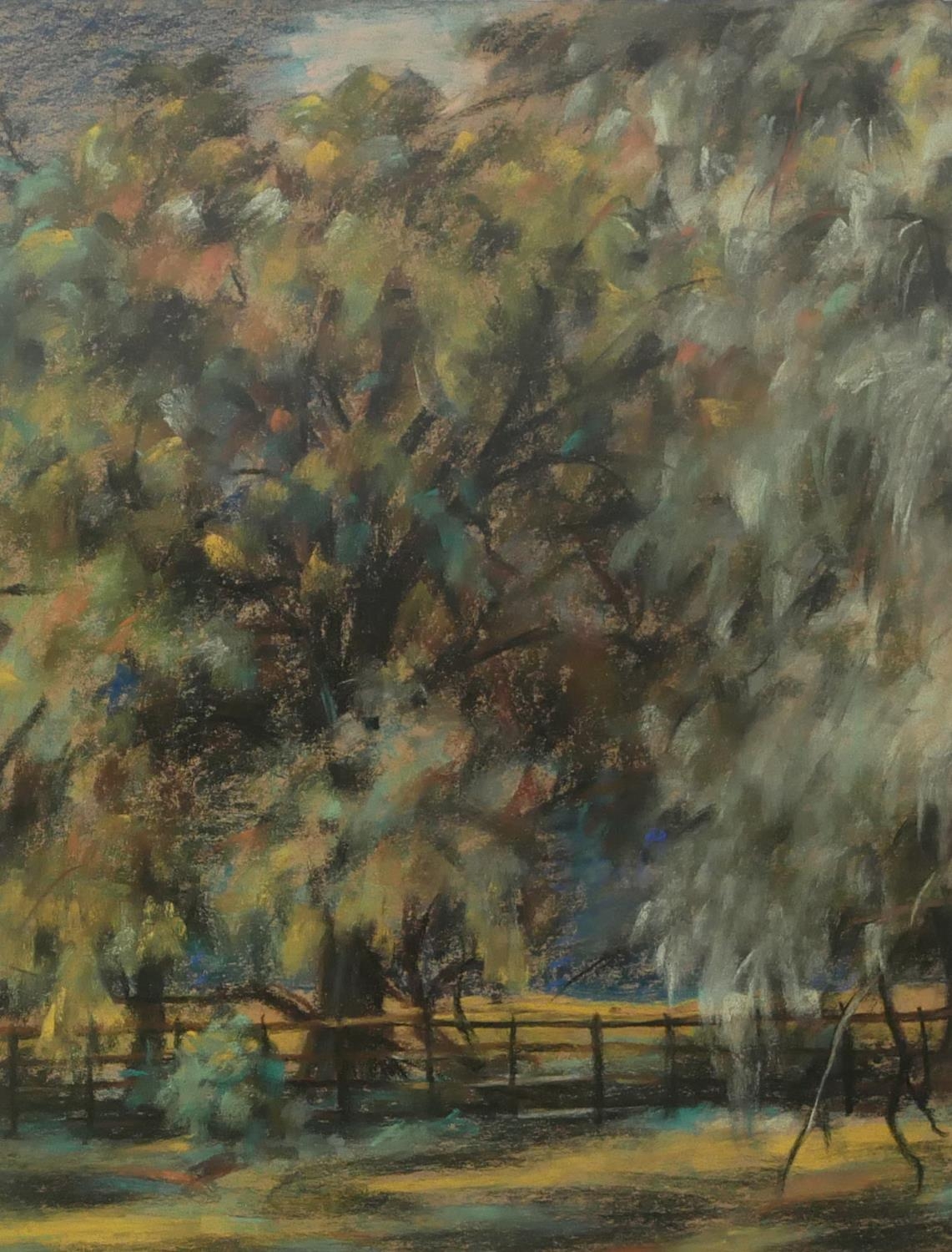 ANTHONY DAY, A 20TH CENTURY PASTEL ON PAPER Titled 'Trees at Mandgingley', landscape, tall trees