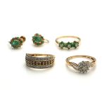 A COLLECTION OF 9CT GOLD, DIAMOND AND GEM SET JEWELLERY To include an emerald and diamond ring, a