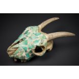 AN UNUSUAL 20TH CENTURY RAM SKULL WITH TURQUOISE MOSAIC (24.5CM)
