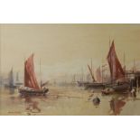 RONALD LAMBERT MOORE, 1927 - 1992, WATERCOLOUR Titled 'Whitby', landscape, coastal view of sailboats