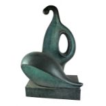 A MODERN DESIGN CAST BRONZE FIGURAL SCULPTURE IN HENRY MOORE MANNER On rectangular base. (h 60cm)