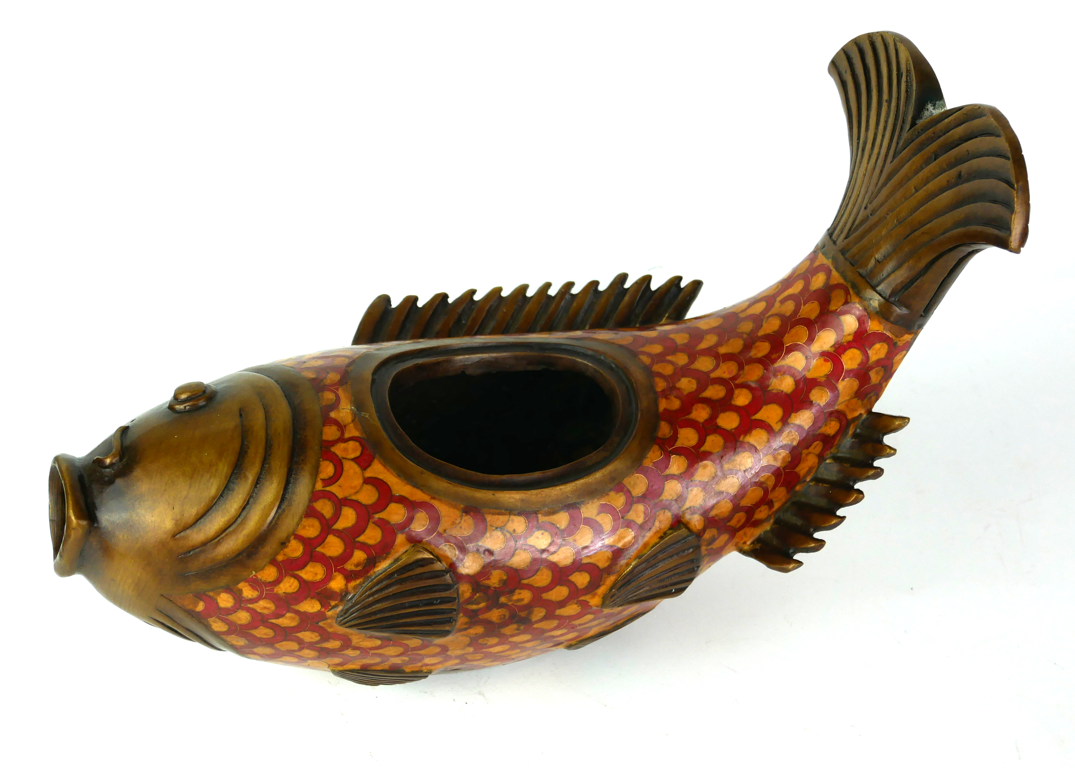 A 20TH CENTURY ORIENTAL BRONZE AND CLOISONNÉ CARP CENSER With red and brown glazes. (length 30cm x h