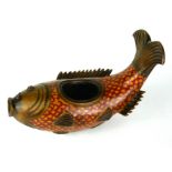A 20TH CENTURY ORIENTAL BRONZE AND CLOISONNÉ CARP CENSER With red and brown glazes. (length 30cm x h