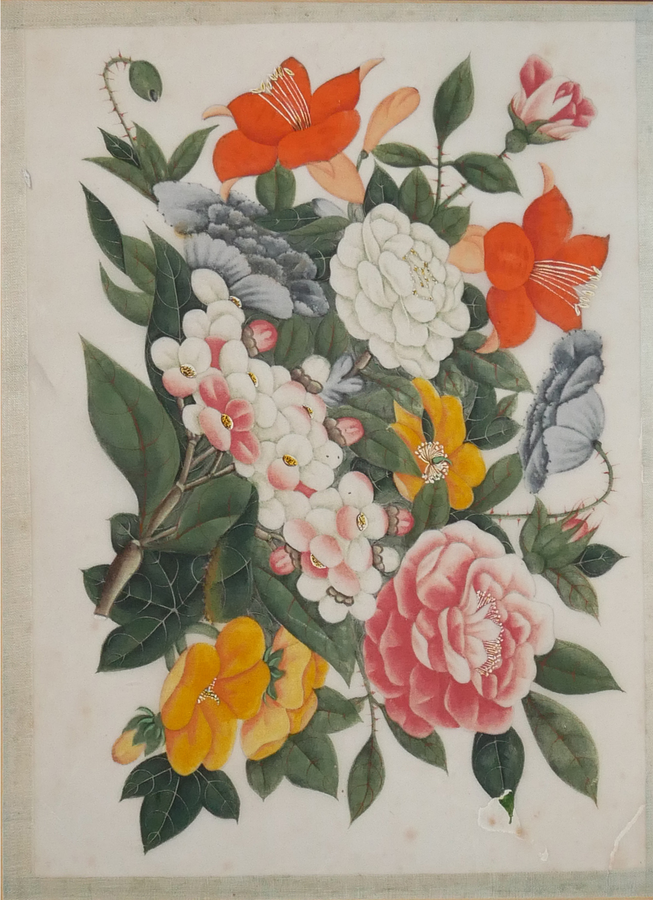 A SET OF FOUR 19TH CENTURY CHINESE RICE PAPER PAINTINGS, STILL LIFE, FLOWERS Mounted, framed and