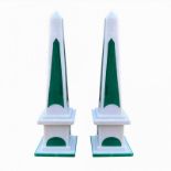 A PAIR OF HEAVY MARBLE AND MALACHITE NEOCLASSICAL STYLE OBELISKS.