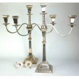 A PAIR OF 20TH CENTURY SILVER CANDELABRA Geometric form with two branches and engraved floral