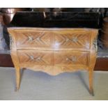 A FRENCH KINGWOOD BOMBE CHEST OF TWO DRAWERS With later peach glass mirrored top. (91cm x 50cm x