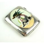 AN EARLY 20TH CENTURY SILVER AND LATER ENAMEL CIGARETTE CASE Central enamel plaque depicting a cat