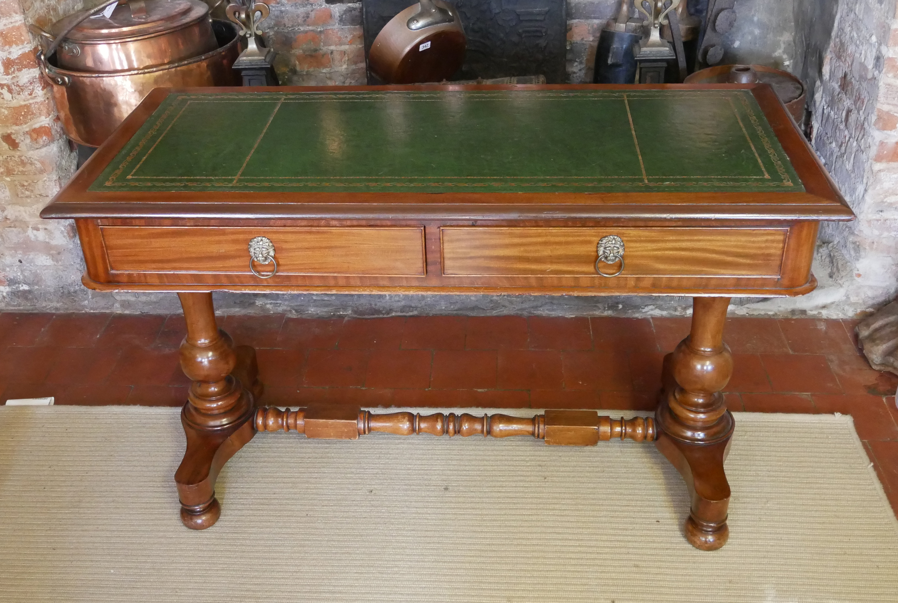 A VICTORIAN MAHOGANY WRITING TABLE With green tooled leather top above two drawers, raised on two - Image 2 of 3