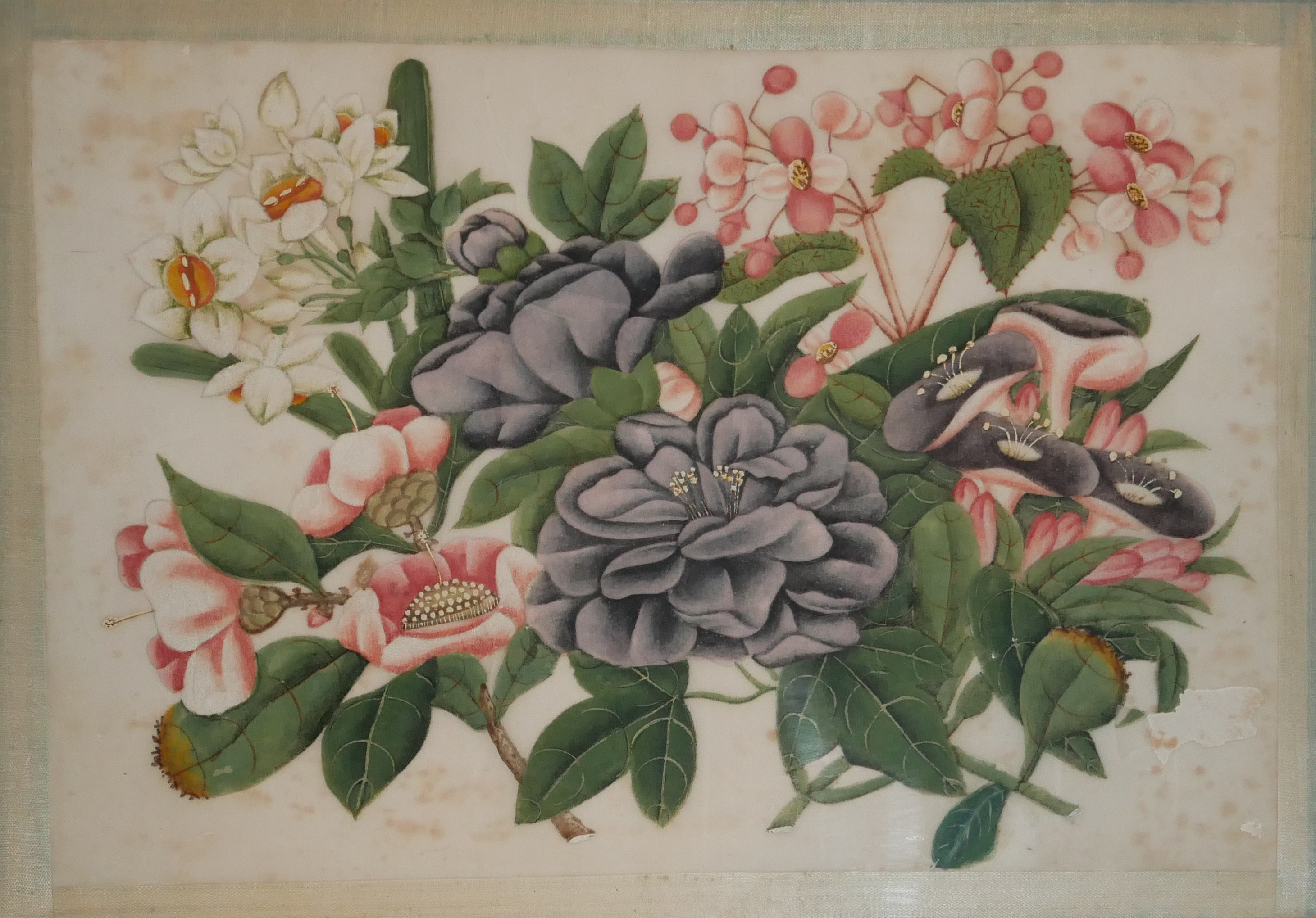 A SET OF FOUR 19TH CENTURY CHINESE RICE PAPER PAINTINGS, STILL LIFE, FLOWERS Mounted, framed and - Image 2 of 4