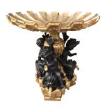 A GILT AND PATINATED BRONZE FIGURAL TAZZA Classical design with shell form tazza dish, supported