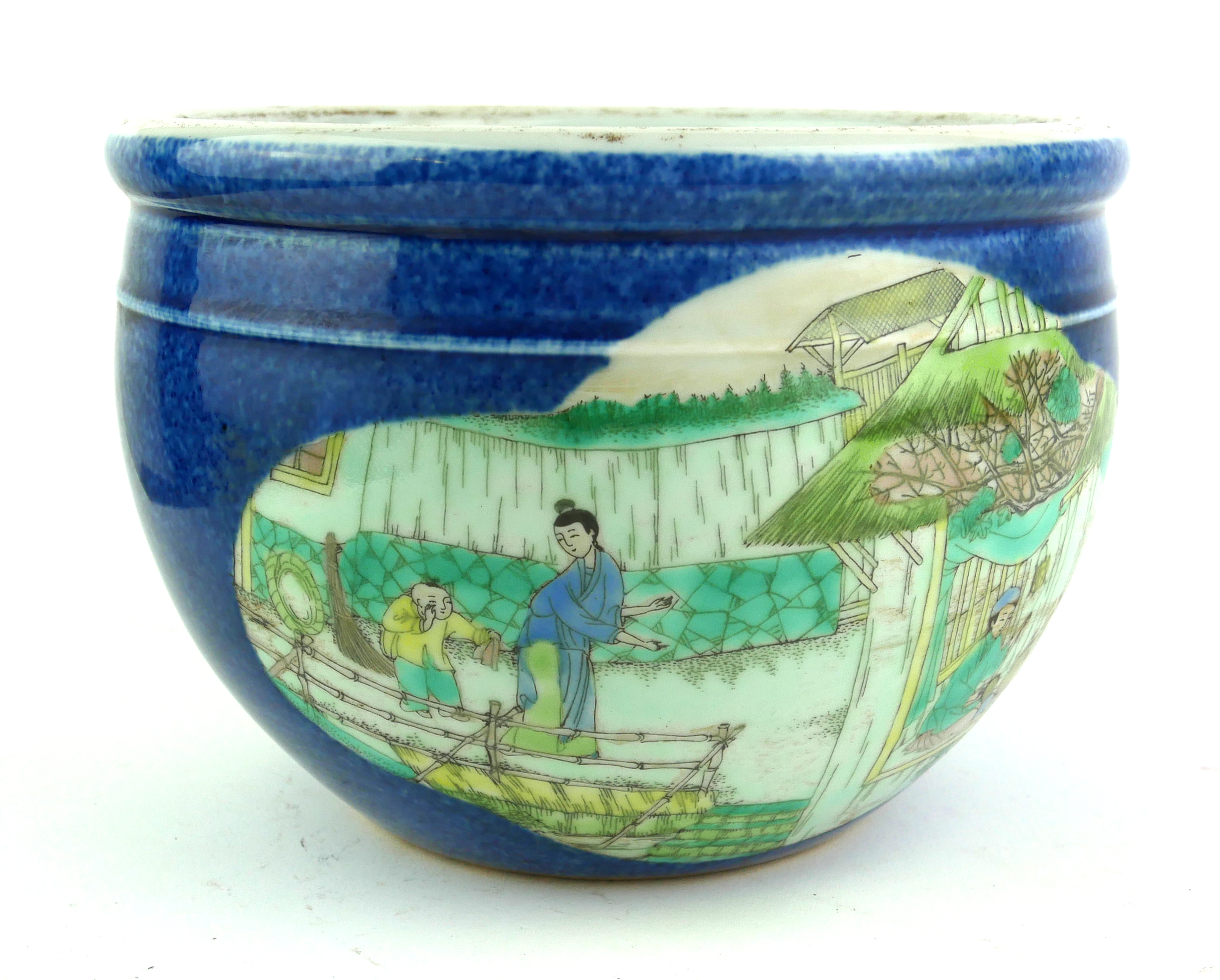 A CHINESE BLUE GLAZE PORCELAIN JARDINIÈRE Decorated with Fishermen in famille verte palette, bearing