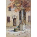 M.H. MEYRECK, AN EARLY 20TH CENTURY WATERCOLOUR LANDSCAPE Female figure at a water fountain,