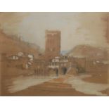 A 19TH CENTURY ITALIAN WATERCOLOUR Riverside landscape, with building, mounted, framed and