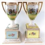 A LARGE PAIR OF EARLY 20TH CENTURY AUSTRIAN PORCELAIN PEDESTAL VASES Campagna form with twin gilt
