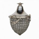A CAST METAL AND GLASS ACORN BASKET CHANDELIER The white metal wire sections divided by glass