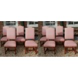 A SET OF EIGHT QUEEN ANNE STYLE DINING CHAIRS Pale salmon pink fabric upholstery, on mahogany legs