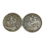 TWO VICTORIAN SILVER CROWN COINS, DATED 1889 George and Dragon to reverse.