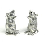 A PAIR OF SILVER PLATED NOVELTY 'MOUSE' SALT AND PEPPER POTS Standing form. (approx 5.5cm)