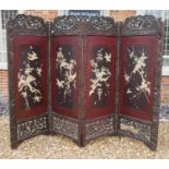 A 19TH CENTURY JAPANESE SHIBAYAMA AND LACQUERED FOUR FOLD SCREEN The pierced carved upper and