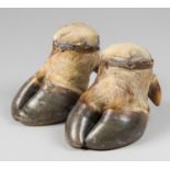A LATE 19TH CENTURY PAIR OF TAXIDERMY BUFFALO FOOT PIN CUSHIONS/DOORSTOPS. The largest (h 15.5cm x w