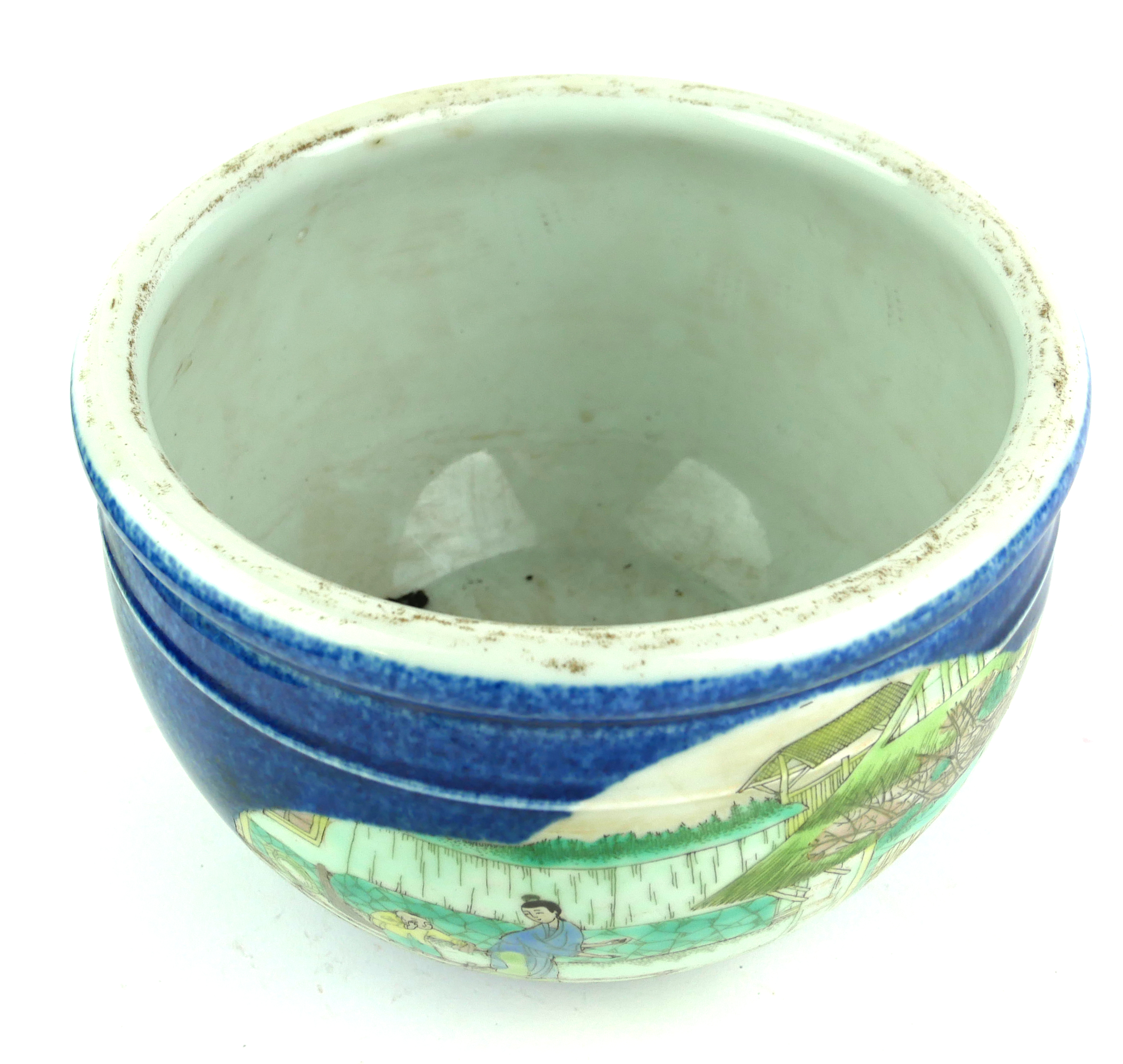 A CHINESE BLUE GLAZE PORCELAIN JARDINIÈRE Decorated with Fishermen in famille verte palette, bearing - Image 4 of 4