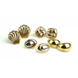 A COLLECTION OF 9CT GOLD EARRINGS Including a pair of cushion form earrings and a pair of shell