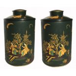 A PAIR OF CHINESE TOLEWARE TEA CANISTERS The circular lids with chinoiserie decoration on green