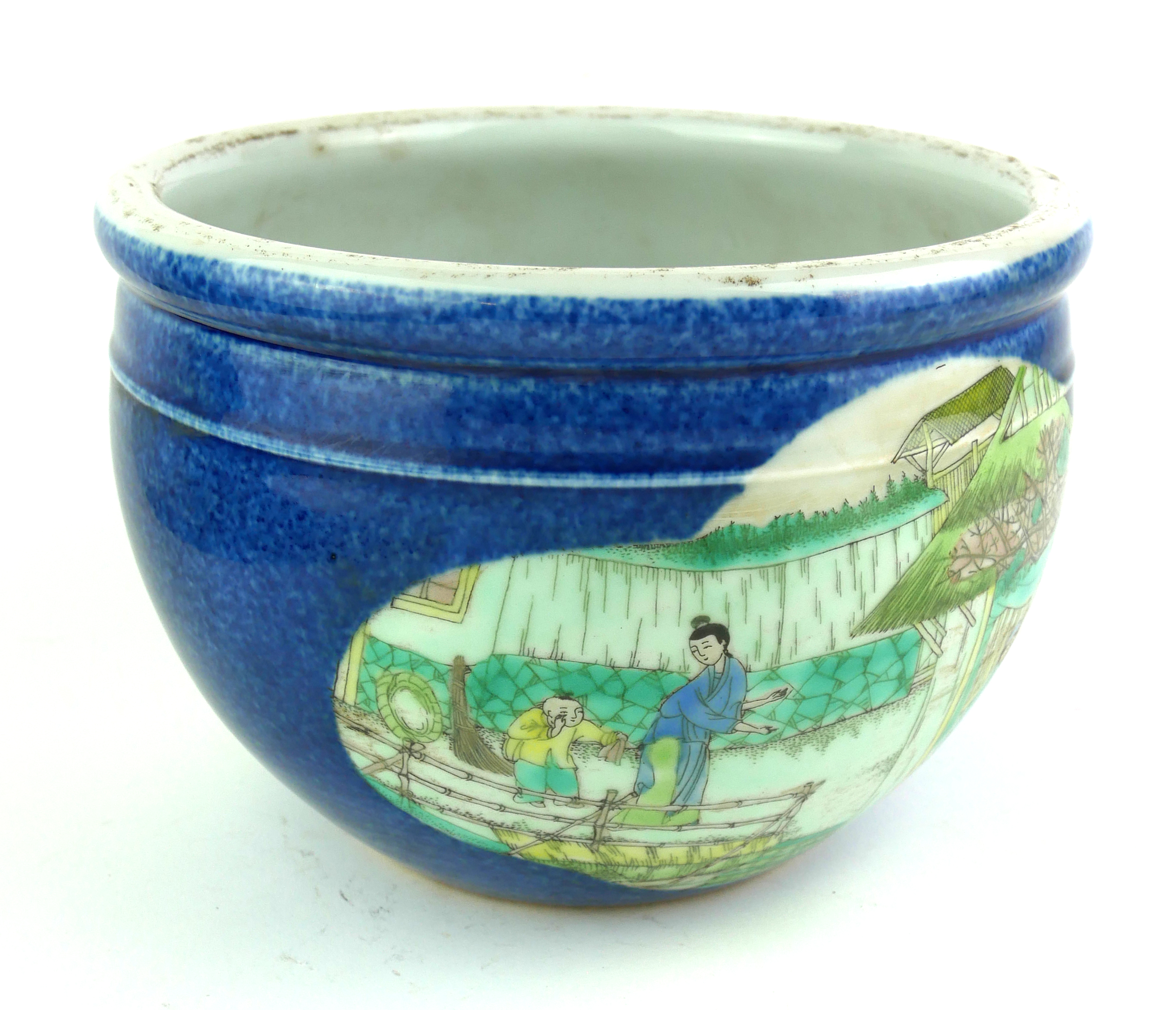 A CHINESE BLUE GLAZE PORCELAIN JARDINIÈRE Decorated with Fishermen in famille verte palette, bearing - Image 2 of 4
