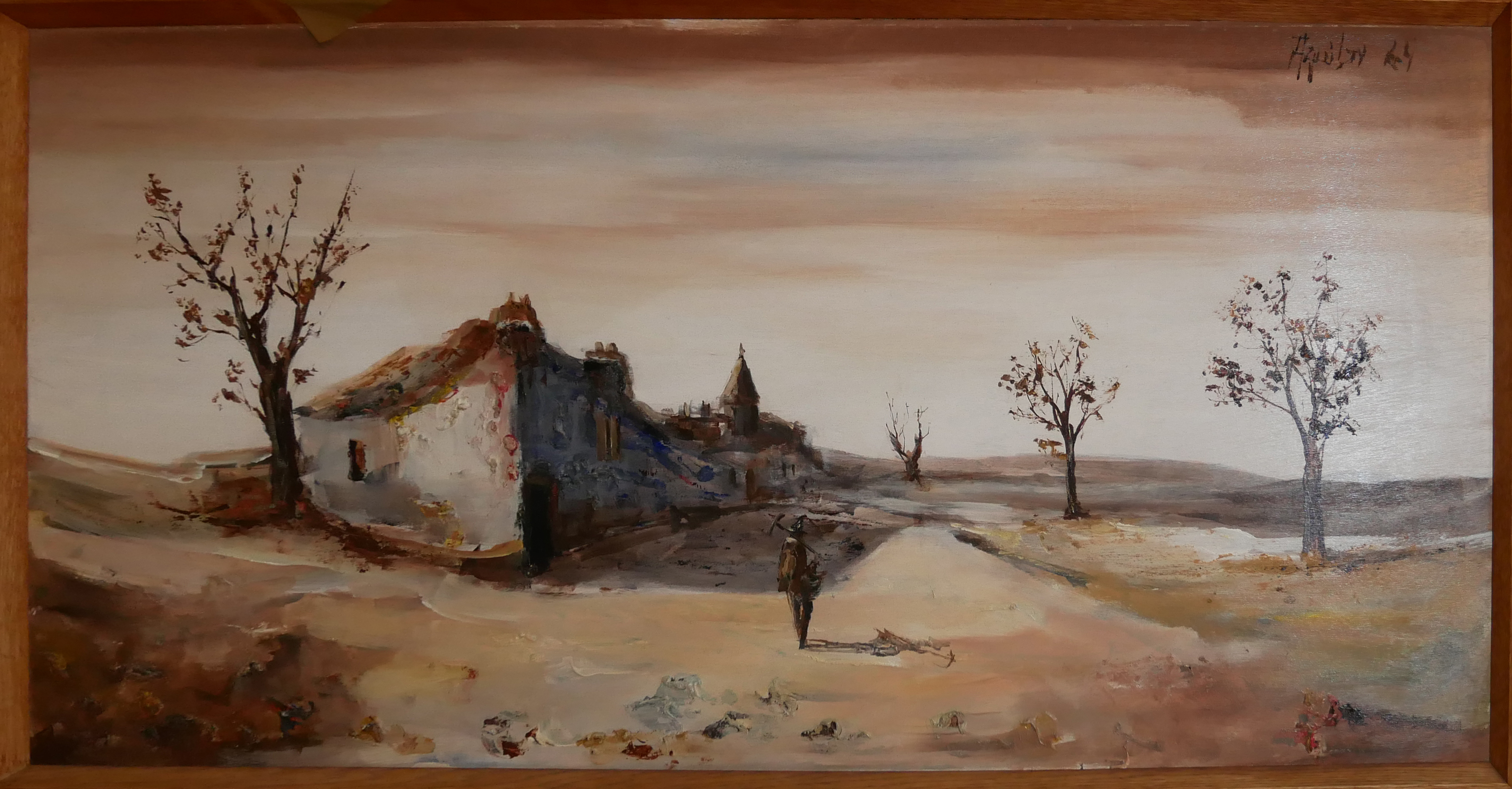 JORGE AGUILAR-AGON, SPANISH, BN 1936, OIL ON ARTIST BOARD Landscape, a solitary figure with a ruined - Image 2 of 2