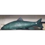 A LARGE CAST BRONZE GREEN PATINATED MODEL OF A FISH. (length 101cm x h 36cm - middle section)