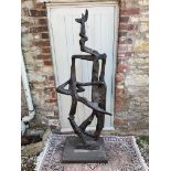 A LARGE MID 20TH CENTURY CAST BRONZE ABSTRACT SCULPTURE ON STAND. (h 170cm)