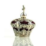 A STERLING SILVER NOVELTY MINIATURE CORONET PINCUSHION Having pierced decoration and red velvet