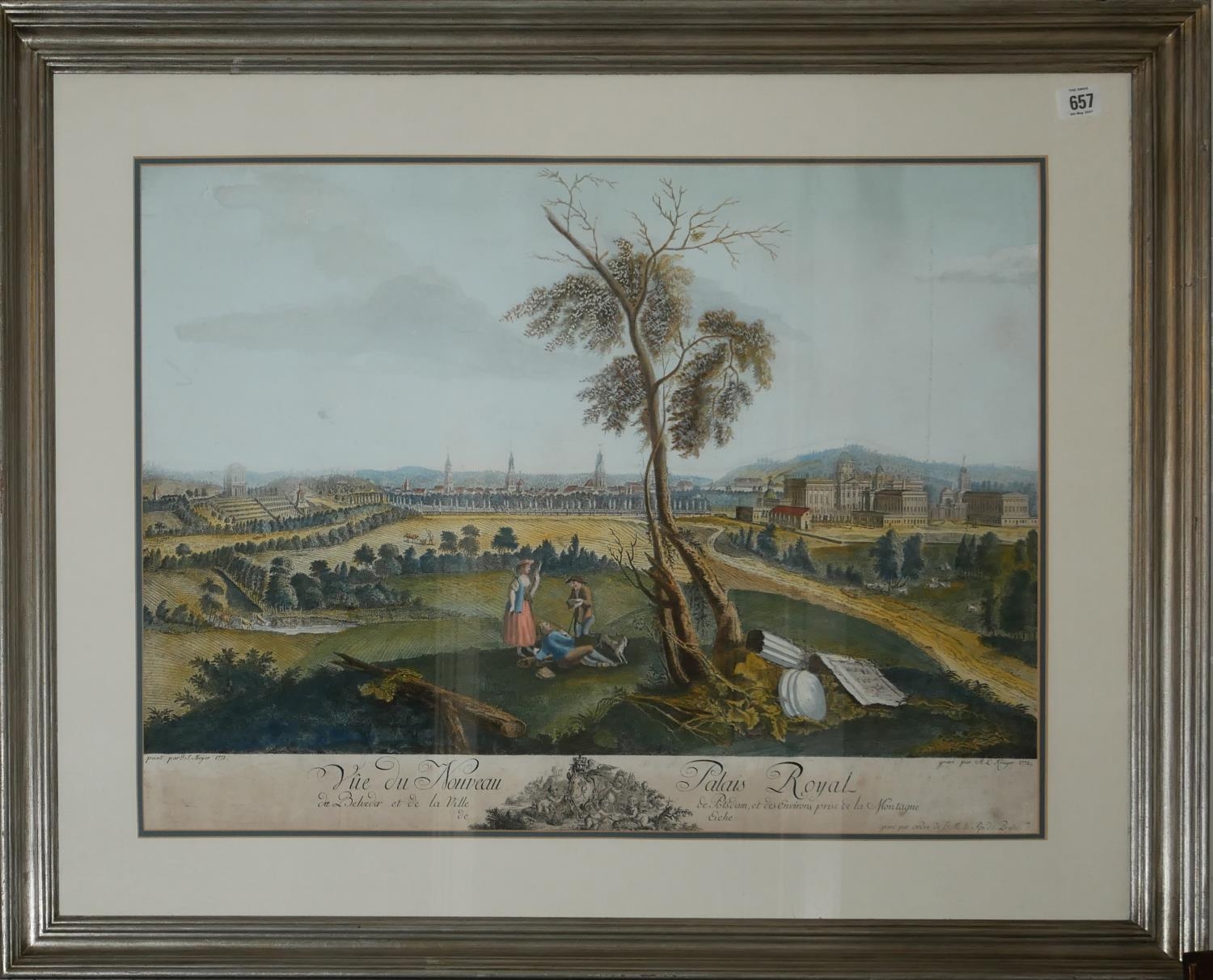A LARGE 18TH CENTURY FRENCH COLOURED ENGRAVING, 'VUE DU NOUVEAU PALACE ROYAL' 'A l Kruger 1772', - Image 2 of 2