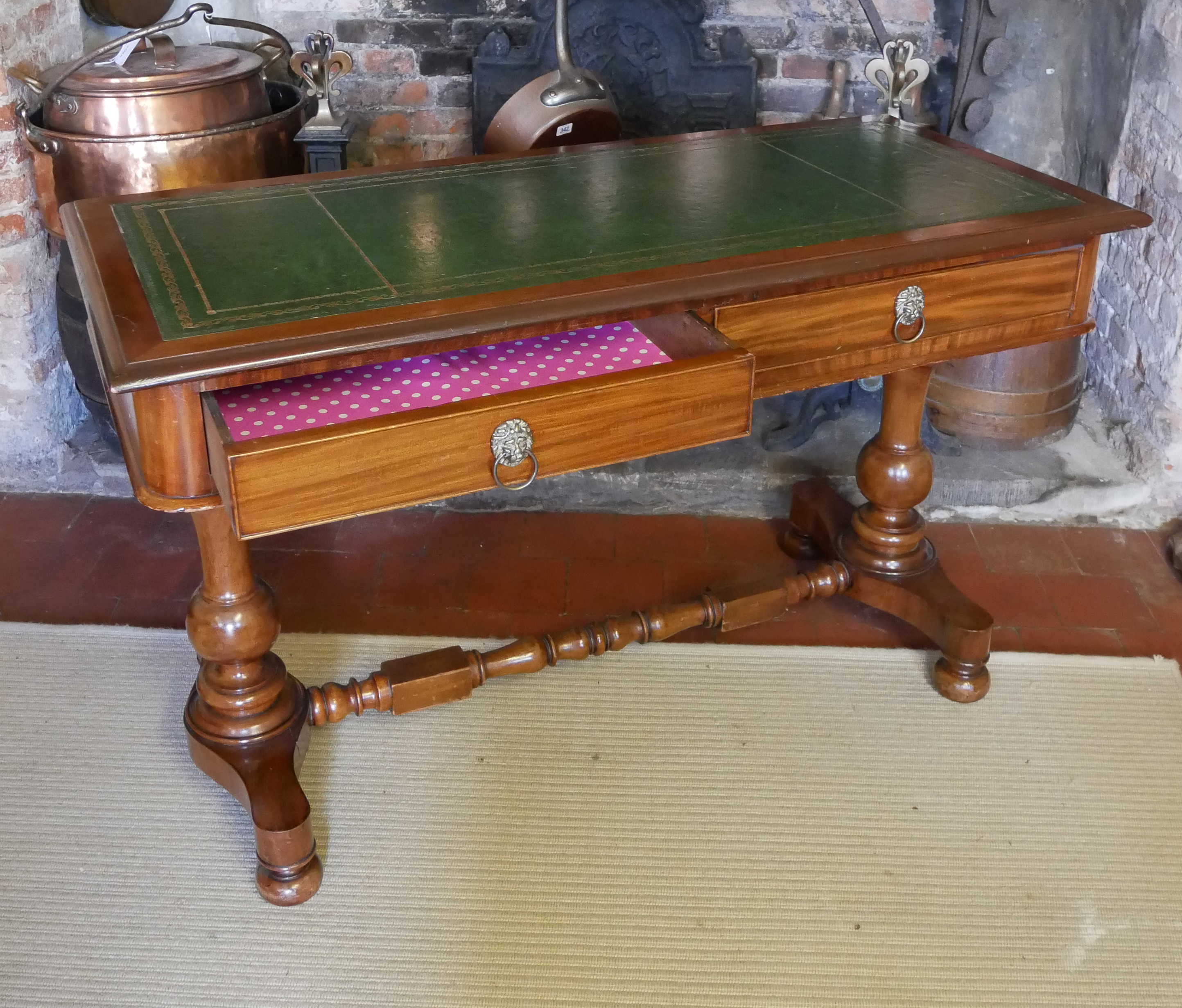 A VICTORIAN MAHOGANY WRITING TABLE With green tooled leather top above two drawers, raised on two - Image 3 of 3