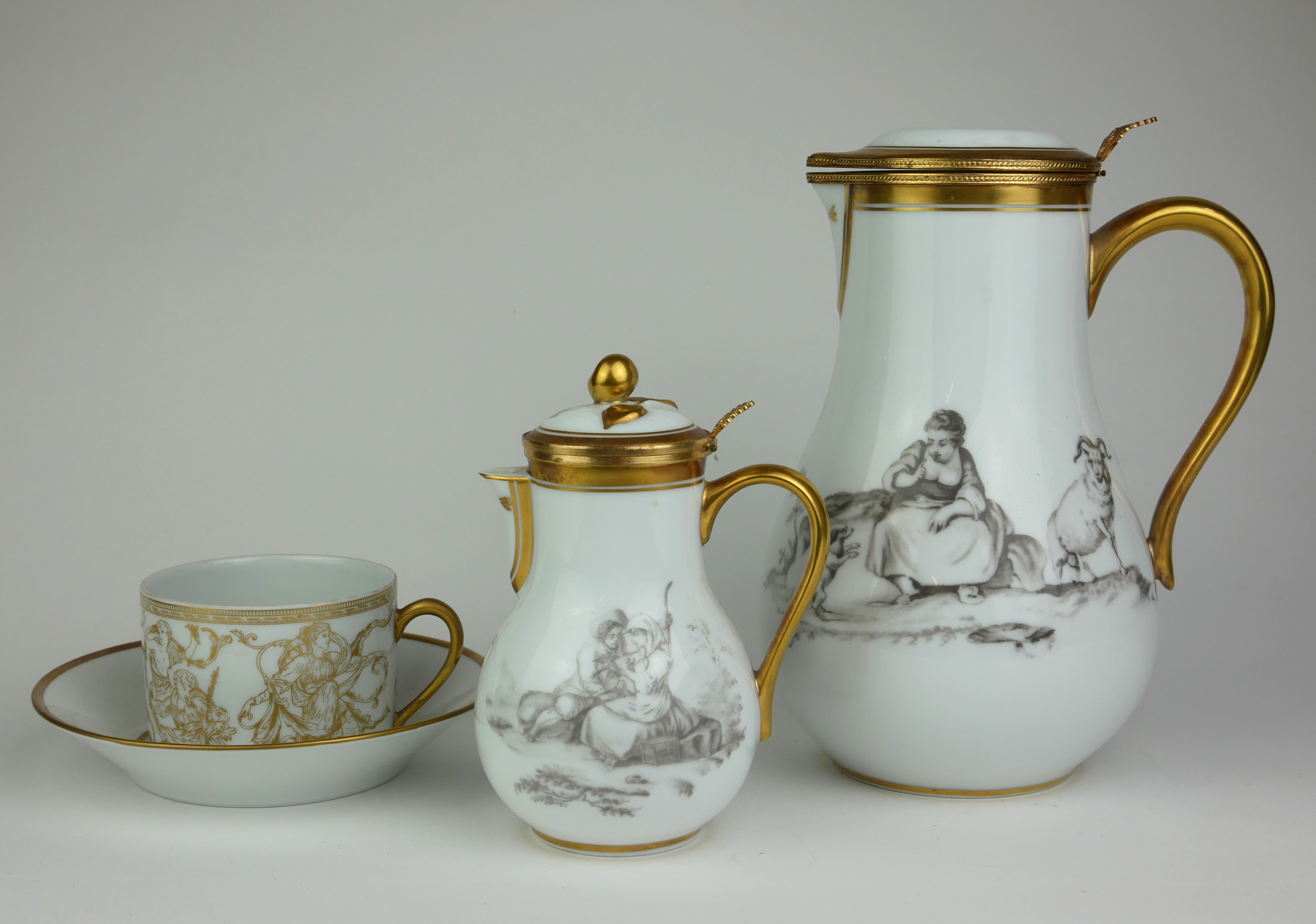 LIMOGES, A 20TH CENTURY FRENCH PORCELAIN HOT WATER JUG In 'Pastorale' pattern, 18th Century style,