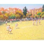 GERRY BLOOD, 1932 - 2005, OIL ON CANVAS Cricketing scene, signed and framed. (64cm x 74cm)