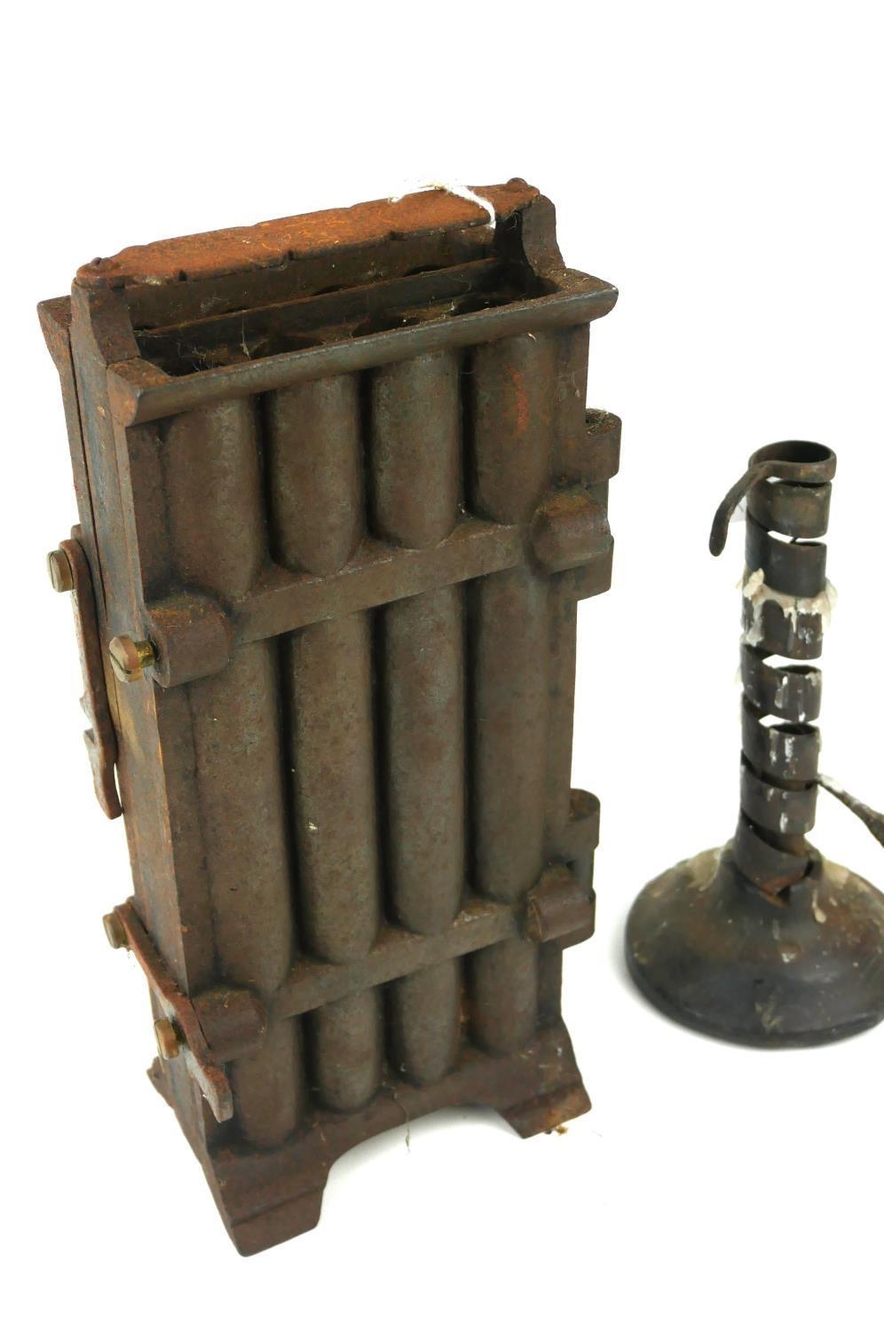 AN 18TH CENTURY IRON RUSH LIGHT HOLDER ON WOODEN BASE Along with a cast iron eight section candle - Image 2 of 3