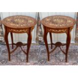 A PAIR OF ITALIAN DESIGN LACQUERED WALNUT AND FLORAL MARQUETRY INLAID SIDE TABLES With a single