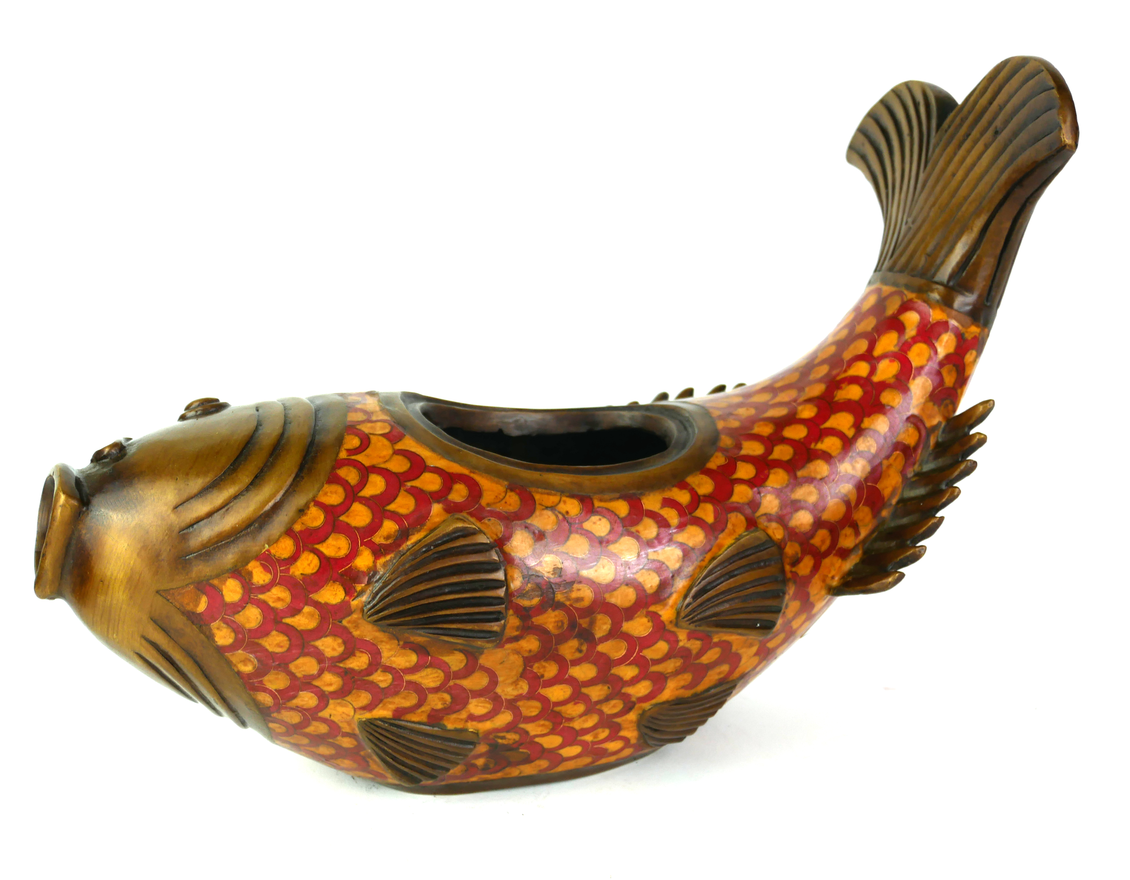 A 20TH CENTURY ORIENTAL BRONZE AND CLOISONNÉ CARP CENSER With red and brown glazes. (length 30cm x h - Image 2 of 3