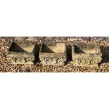 A SET OF THREE RECONSTITUTED WEATHERED RECTANGULAR PLANTERS With shell form decoration. (approx 33cm